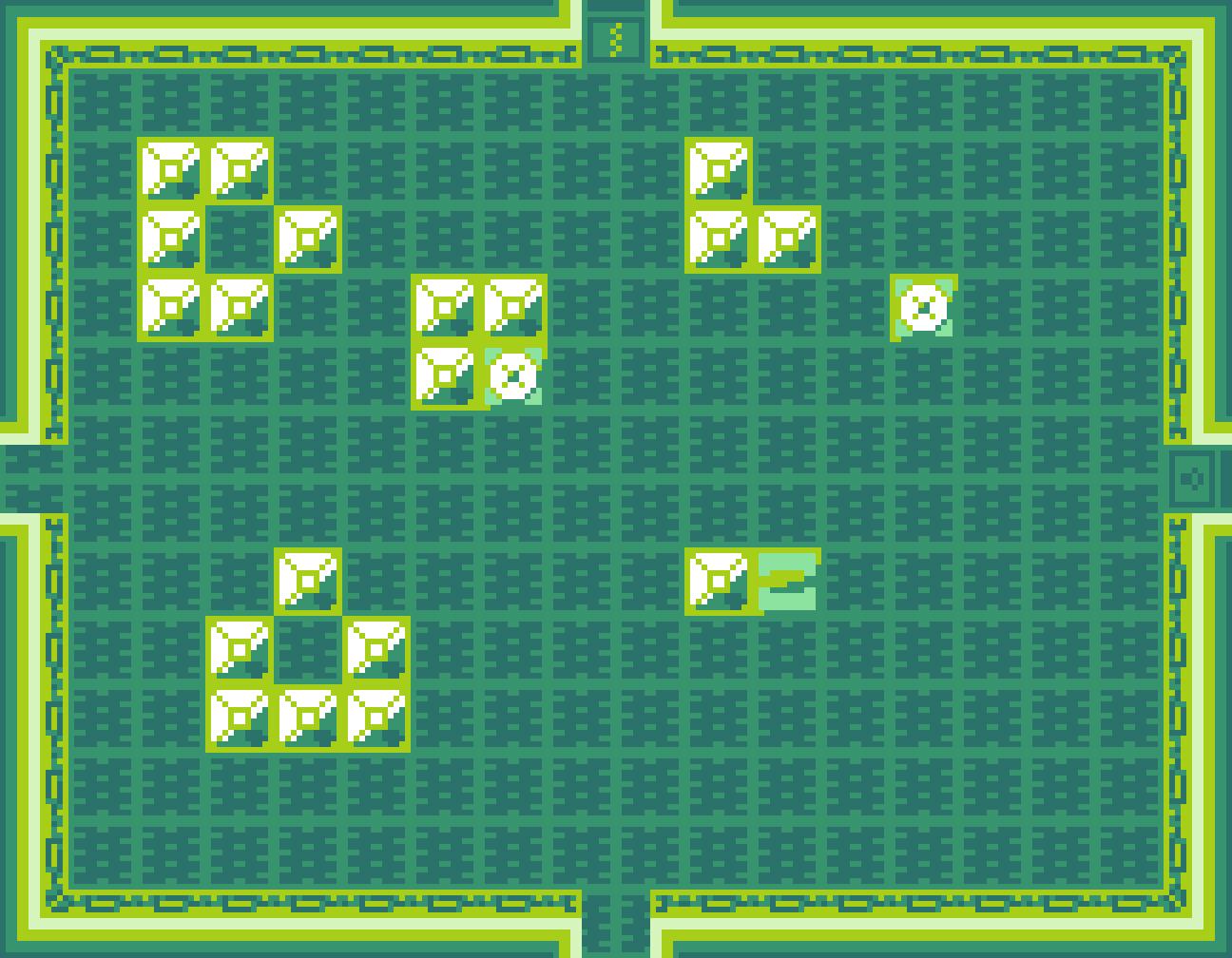 pixel mockup of a dungeon room including walls, an open and closed block that looks like an eye, a closed door and a closed door with a keyhole